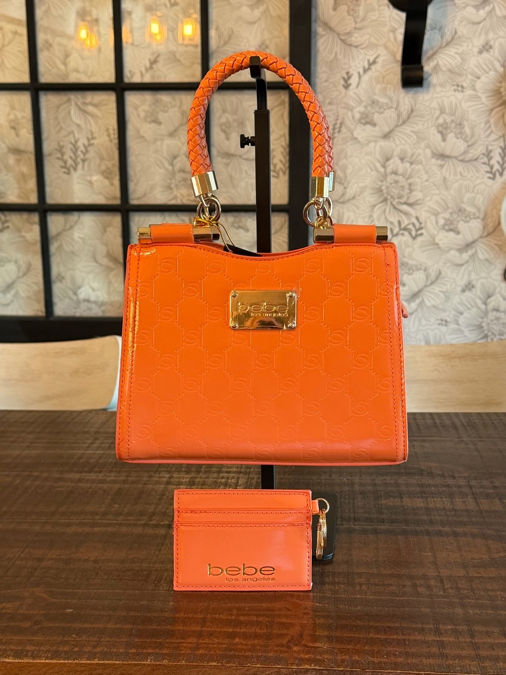 bebe Peach/Orange Braided-Handle Mini Satchel Crossbody with Card Holder🍊🍑